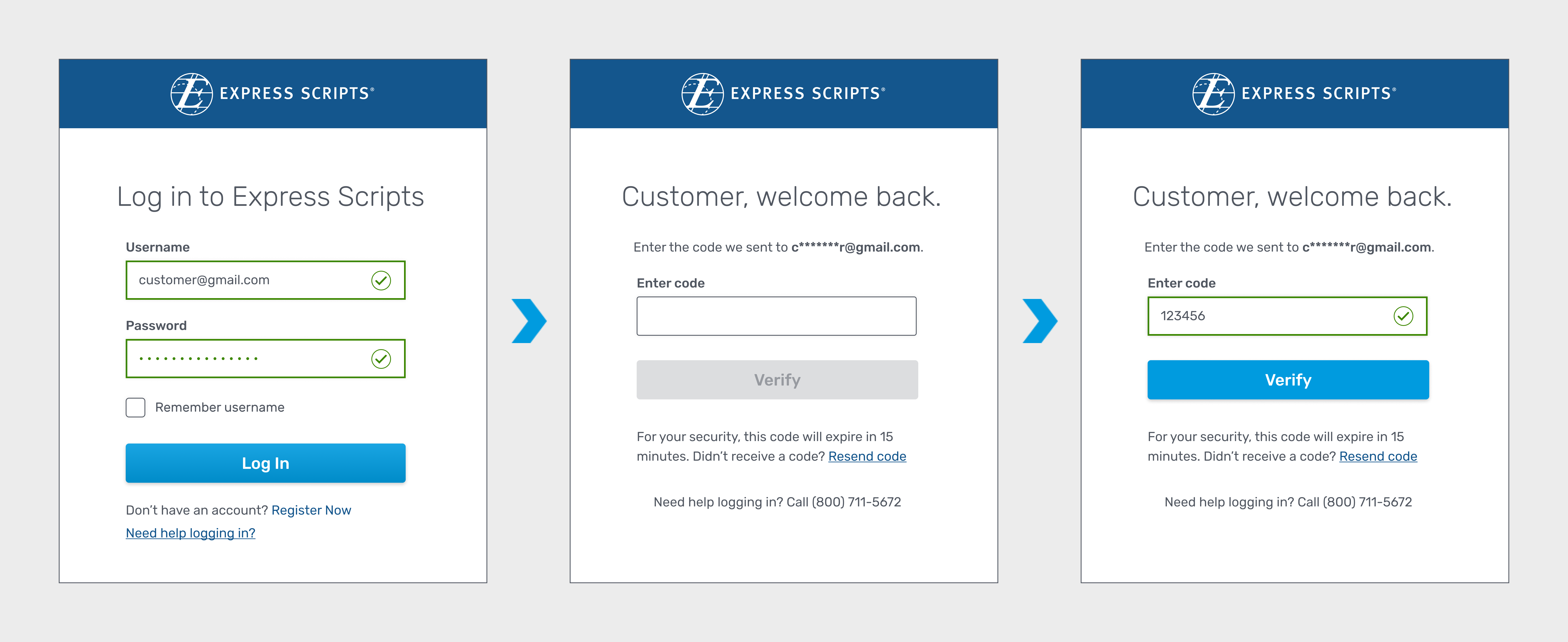 Express Scripts mobile app screens for two-step verification.